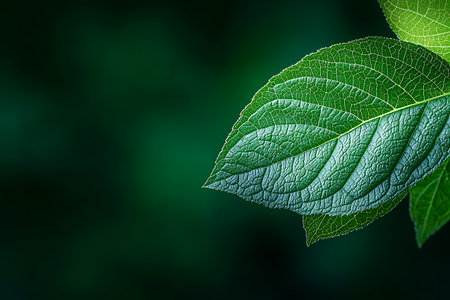 This close-up image showcases a vibrant green leaf with intricate texture and soft background,...