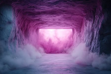 Explore an ethereal cave entrance filled with soft purple light and mist, creating a surreal and mystical atmosphere. Perfect for fantasy themes.の写真素材
