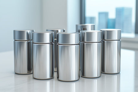 A collection of sleek metallic jars with lids arranged on a bright table, showcasing a modern office...
