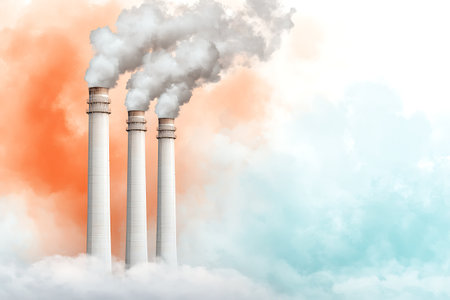 Three tall smoke stacks release plumes of smoke into a colorful sky, illustrating industrial emissions and environmental impact. The scene conveys energy production and pollution.の写真素材
