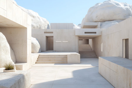 This image showcases a modern architectural design featuring minimalist structures set against...