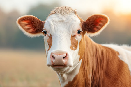 A detailed close-up of a calm brown and white cow with big eyes and relaxed ears, set against a serene sunset in a beautiful pasture.の写真素材