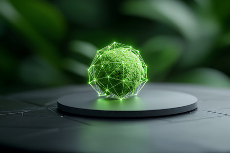 This stunning green geometric object features glowing lines, elegantly resting on a dark surface. The blurred background enhances its modern and artistic appeal, making it perfect for technology or nature-related themes.の写真素材