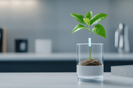 A vibrant green plant in a transparent glass vase on a stylish desk, showcasing growth and freshness...