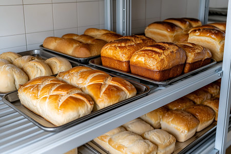 A display of freshly baked bread loaves in a bakery, showcasing various styles and textures on metal...