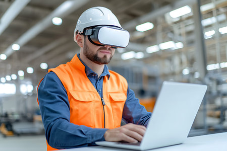 A male worker in a safety vest engages with a laptop while wearing a virtual reality headset in a...