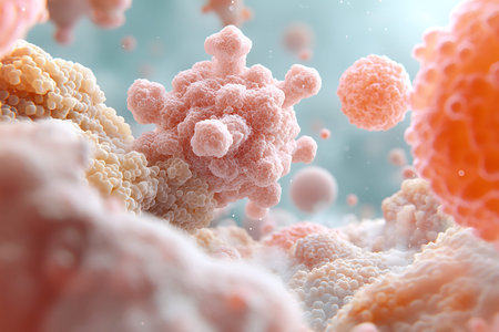 Explore a vibrant and colorful illustration of microorganisms in a soft, dreamy environment. The...