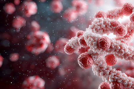 This detailed illustration showcases a molecular structure of DNA featuring vibrant red elements against an abstract scientific backdrop. It reflects complex biological concepts.の写真素材