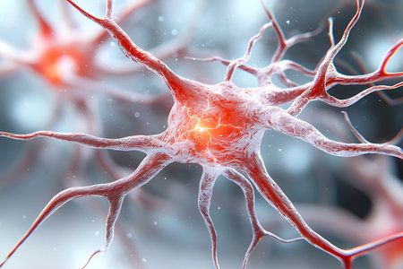 This striking close-up image displays a neuron cell with intricate branching. The glowing connections illustrate activity, showcasing the beauty of biological systems. Perfect for science and medical uses.の写真素材