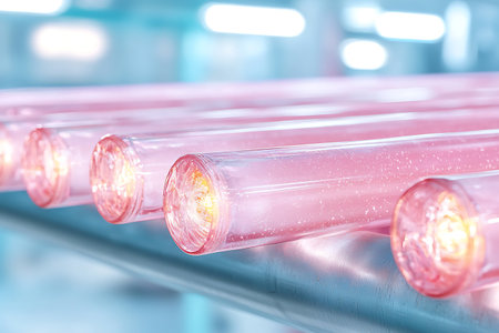 A collection of bright pink neon lights on a metal surface, creating a vibrant and modern aesthetic in an interior space. The glowing tubes add a unique touch.の写真素材