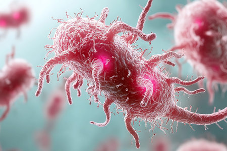 This vibrant illustration depicts a close-up view of bacteria, showcasing their intricate structures...