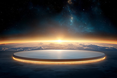 A breathtaking futuristic scene featuring a glowing circular platform hovering above a vibrant cloud layer at sunrise, evoking serenity and exploration.の写真素材