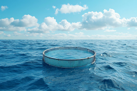 A floating fish farm net cage sits calmly in the serene blue ocean under a vibrant sky filled with clouds. This image represents sustainable aquaculture practices.の写真素材
