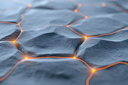 Close-up view of an abstract rocky texture featuring glowing orange lines amidst the cracks,...