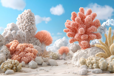 This image showcases a vibrant coral reef scene under a bright blue sky, featuring various coral textures and colors, creating a serene and beautiful underwater environment.の写真素材