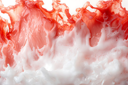 Vivid red and white liquid splash creates an intriguing abstract design, showcasing dynamic motion and artistic flair. Ideal for creative projects.の写真素材