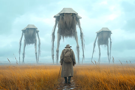 A solitary figure stands in a foggy landscape, facing mysterious tall creatures looming above golden...