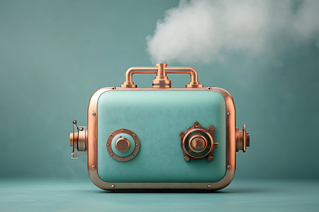 This image features a vintage-inspired turquoise steam machine with intricate copper pipes, emitting soft steam. The serene background enhances its unique aesthetic.の写真素材