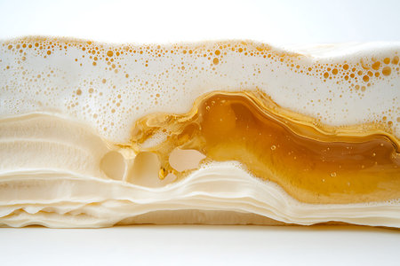 This image displays translucent layers of foam and amber liquid on a clean white background, capturing the essence of refreshing beverages and artistic shapes.の写真素材
