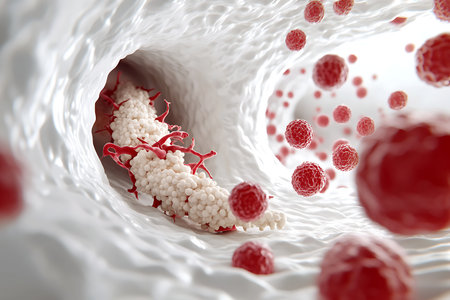 This detailed close-up illustration depicts a blood vessel's interior, showcasing various cells and particles in motion. An ideal representation for scientific contexts.の写真素材