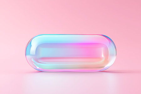 A colorful transparent capsule rests on a soft pink background, representing modern design and wellness concepts. Ideal for creative projects and marketing.の写真素材