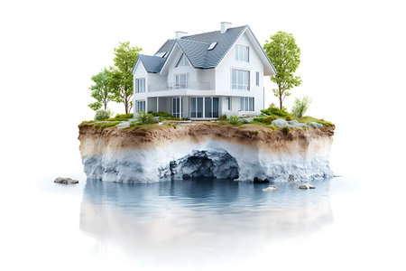 A surreal scene featuring a modern house perched on a floating island, surrounded by calm water and vibrant greenery. The image evokes tranquility and beauty.の写真素材