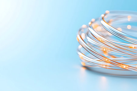 A captivating close-up image of transparent wires elegantly coiled, showcasing glowing lights...