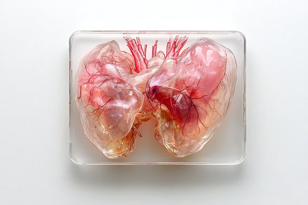 This image displays a highly detailed anatomical model of human lungs, showcasing realistic structures and colors for educational and professional use in health and biology fields.の写真素材
