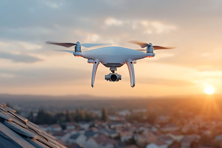 A sleek drone hovers over a vibrant urban landscape during sunset, capturing stunning views of...