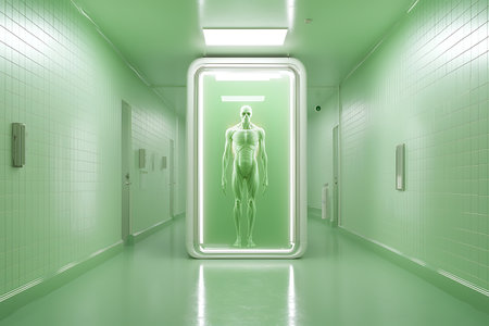 An ethereal green corridor featuring a transparent figure in a glowing frame, creating a surreal and futuristic atmosphere. Ideal for creative projects.の写真素材