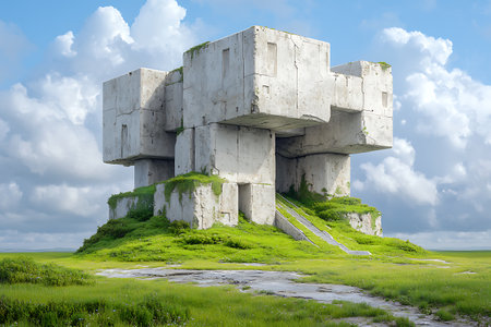 A striking concrete structure rises amidst lush greenery under a vibrant blue sky, showcasing modern design and nature's beauty. Ideal for artistic and architectural themes.の写真素材