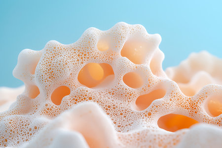 This detailed close-up captures a textured foam formation with soft bubbles, creating an abstract and serene visual experience against a light blue background. Perfect for artistic projects.の写真素材