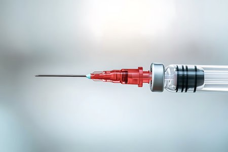 A detailed close-up of a syringe featuring a vibrant red plunger and a sharp needle, set against a softly blurred background, highlighting its medical use.の写真素材