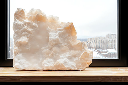 A large piece of white rock crystal sits elegantly on a wooden shelf, offering a serene contrast against a blurred urban landscape through the window.の写真素材