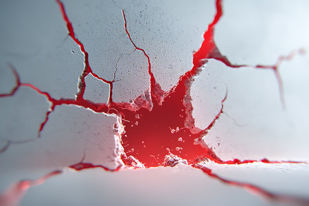 This image features an abstract close-up of a cracked surface, showcasing striking red hues that fill the fissures and gaps, creating a dramatic visual effect.の写真素材