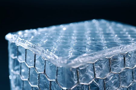 Close-up view of a transparent hexagonal mesh structure with bubbles, perfect for abstract design projects or modern textures, showcasing unique details and modern aesthetics.の写真素材