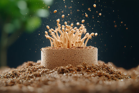 This stunning image features delicate mushrooms emerging from rich soil, with dust particles dancing...