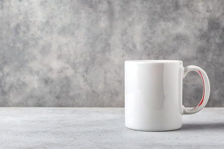 A white coffee mug with a red handle placed on a gray concrete background, ideal for showcasing...