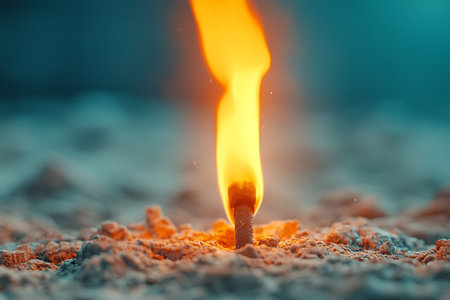 A striking close-up image of a matchstick igniting, showcasing the vibrant flame against a textured backdrop, conveying warmth and energy.の写真素材