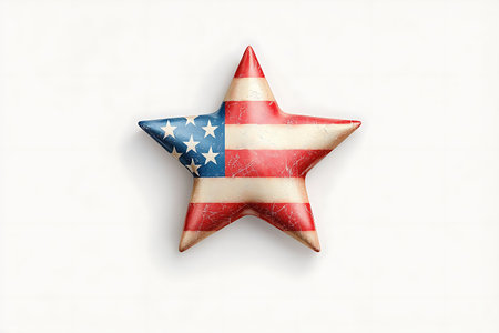 A rustic star decoration featuring an American flag design adds a patriotic touch to any space. This artwork symbolizes freedom and pride.の写真素材