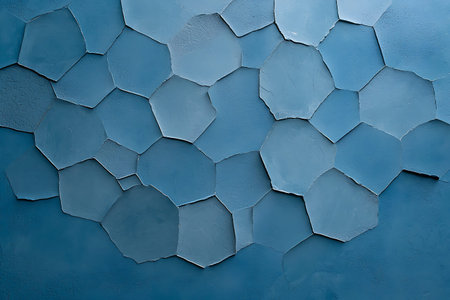 Artistic portrayal of blue hexagonal shapes with varying textures creates an engaging background,...