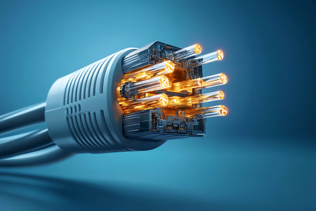A close-up view of a high-tech cable connector with illuminated pins, showcasing its intricate design and modern engineering against a soft blue background.の写真素材