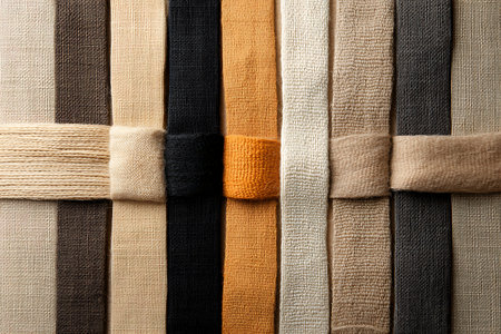 An artistic flat lay showcasing vibrant textile strips in various tones and textures arranged vertically. Ideal for design inspirations or textile-related projects.の写真素材