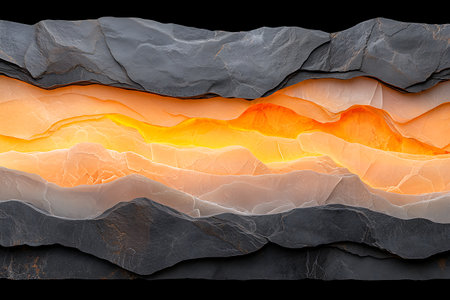 This captivating rock formation showcases an intricate layered texture illuminated by a warm orange glow, highlighting the beauty of nature's artistry.の写真素材