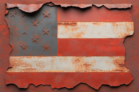 A detailed depiction of a weathered American flag showcasing rust textures and a grungy background, symbolizing heritage and history. Perfect for artistic projects.の写真素材