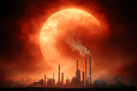 A striking industrial scene showcases smokestacks and factories silhouetted against a glowing orange moonlit sky, reflecting themes of pollution and energy production.の写真素材