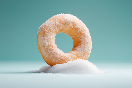A delectable freshly glazed donut topped with a light dusting of sugar sits gracefully on a mound of...