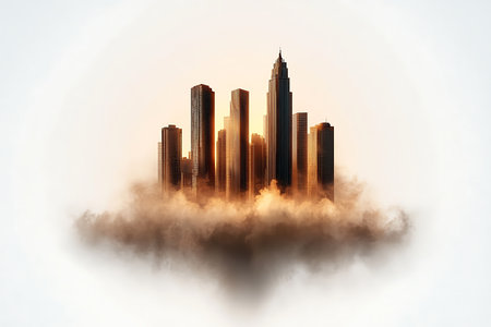A stunning view of skyscrapers piercing through a dense layer of clouds at sunrise, creating a magical and inspiring urban landscape perfect for various projects.の写真素材