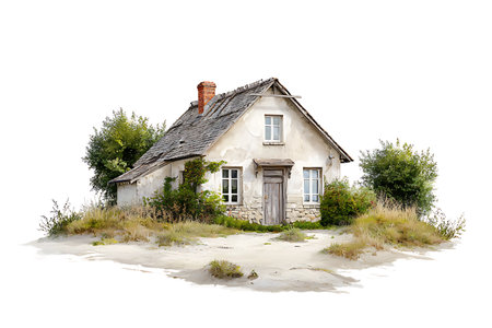 An abandoned rural house stands surrounded by overgrown grass and trees, showcasing the beauty of decay and nature's reclamation. Ideal for themes of solitude.の写真素材