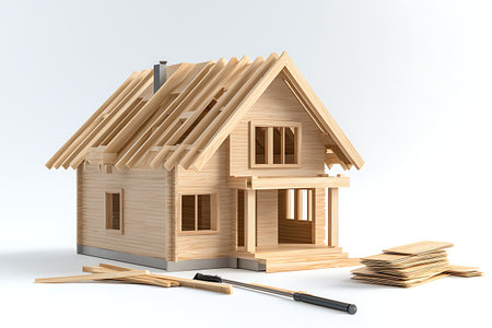 This image features a wooden model house under construction, surrounded by timber pieces and tools, showcasing creativity and craftsmanship in a bright, minimalist environment.の写真素材